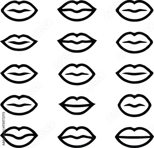 Clean black and white vector illustration of lip icons like 4.eps
