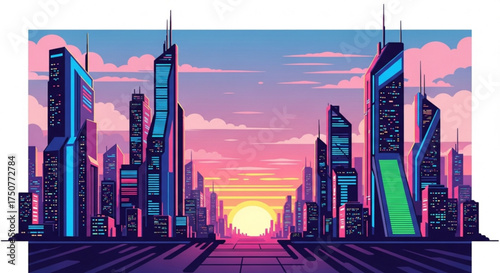 Futuristic cityscape at sunset, showcasing modern architecture and vibrant colors a vision of the future with towering skyscrapers and advanced technology