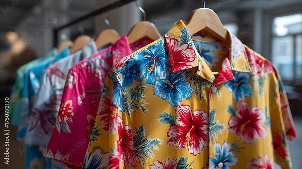 Fototapeta premium A row of vibrant Hawaiian shirts with floral patterns is displayed, made of soft cotton fabric with tropical flowers in red, blue, and yellow. These colorful shirts evoke the spirit of summer