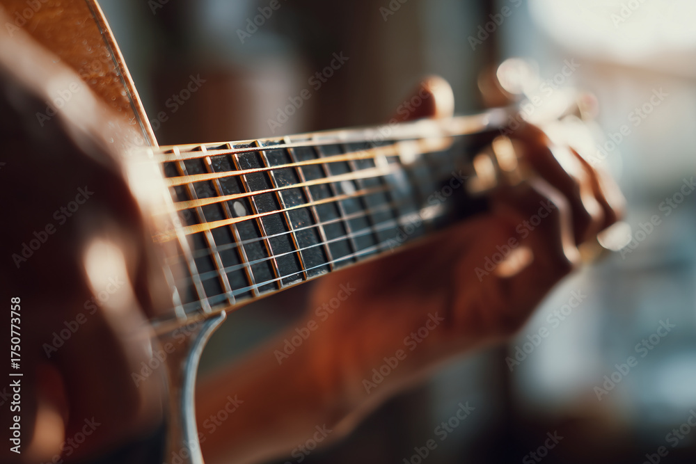 Fototapeta premium Close-up of hands playing guitar, blurred background, shallow depth of field, focus on the strings and fingers with soft bokeh effect in the background.