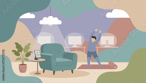 Maintaining wellbeing with a stretching break in a modern home office setting