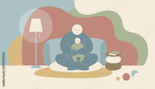 Gentle parent embraces child in a serene home setting Represents love comfort and family bonding