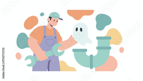 Plumber solving a problem with a ghost emerging from a pipe symbolizing unexpected issues