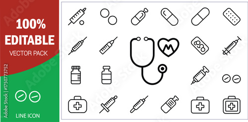 Medical Line Icons Set Syringe Pills Stethoscope And First Aid Kit Keywords: medical, health