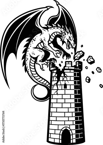 Dragon attacking stone tower fantasy concept. Mythical beast destroying castle. Medieval folklore creature. Vector illustration.