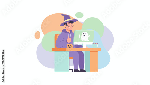 Man in wizard hat celebrating Halloween remotely giving thumbs up to ghost on screen