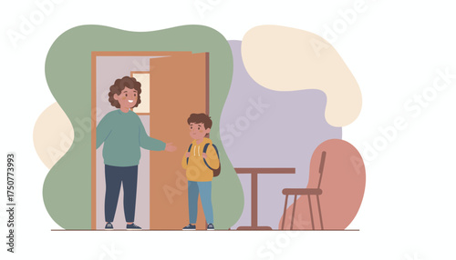 Parent welcoming child with backpack at doorway Back to school education family care