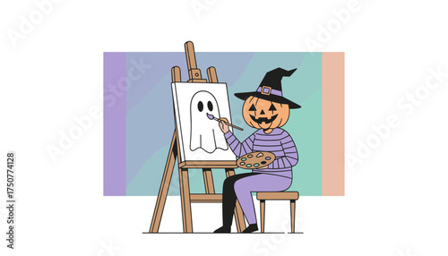 Halloween pumpkin character in a witch hat painting a ghost on an easel creative holiday fun