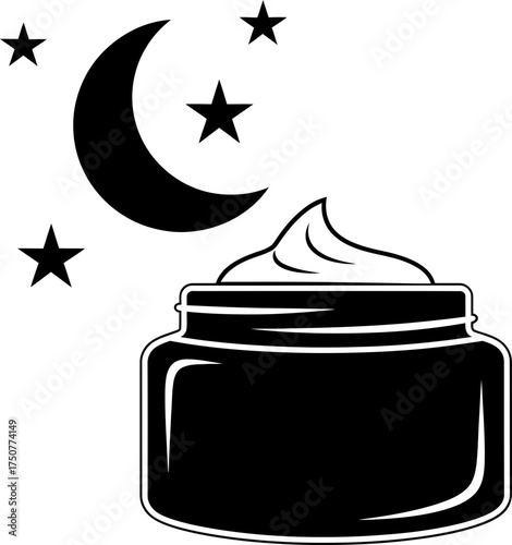 Night cosmetic cream jar with crescent moon and stars. Skincare product for evening beauty routine. Simple flat vector illustration icon