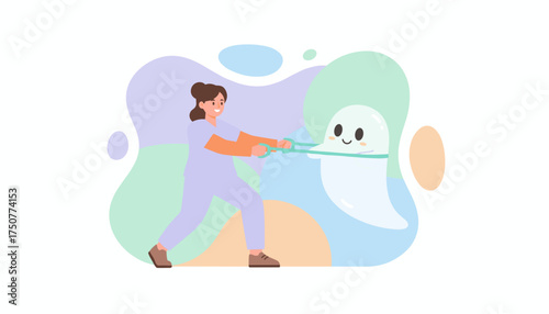 Nurse or therapist helping a friendly ghost with a resistance band symbolizing support and recovery