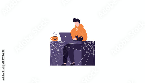 Young man working remotely with cat pumpkin mug and spiderweb desk Halloween work concept