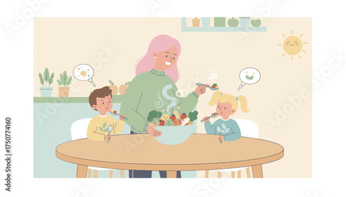 Happy family enjoying a fresh healthy meal Focus on nutrition lifestyle and parental care