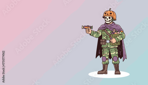 A festive skeleton soldier in camouflage with a pumpkin helmet holds a candy blaster and treat bag Ideal for Halloween