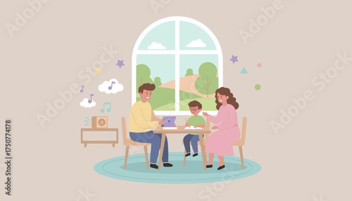 Happy family learning and relaxing at home Parents and child enjoy domestic activities