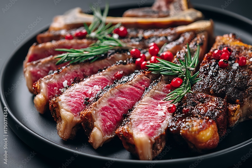 Obraz premium A sliced T-bone or porterhouse steak on a black plate, roasted with herbs and spices. This gourmet dinner concept evokes the essence of a steakhouse menu and the indulgence of a BBQ grill experience.