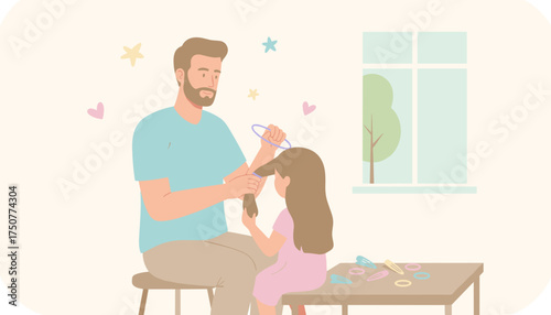 Father styling daughters hair at home a loving family moment