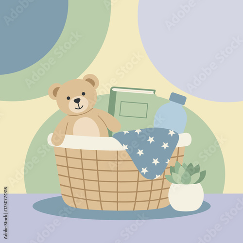 Sweet teddy bear book and baby items in a basket evoking care and childhood comfort
