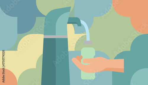 Hand refilling water bottle from tap promoting hydration and sustainability for a greener future