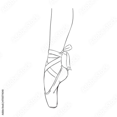 Line art drawing of a ballet dancer's foot in pointe shoes with tied ribbons ballet slippers