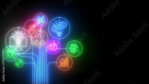 Wallpaper Mural Neon Icons Representing Business Concepts Connected by Glowing Blue Lines on Black Background abstract Torontodigital.ca