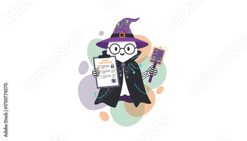 Friendly cartoon skeleton wizard auditing security protocols and managing data