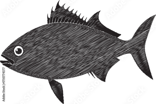 Hand Drawn Fish Silhouette Graphic. Scribble Texture Vector for Seafood, Ocean Animal, Fishing Sport, or Aquatic Life Design Element.