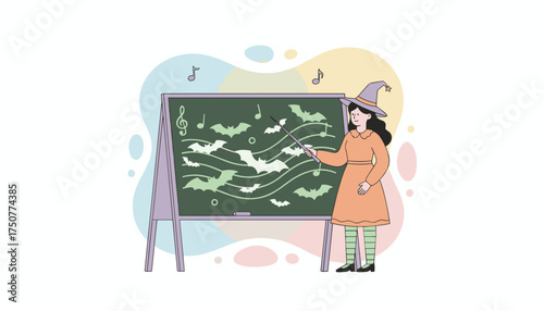 Friendly witch teacher explains music theory with bats on a magical blackboard for Halloween education