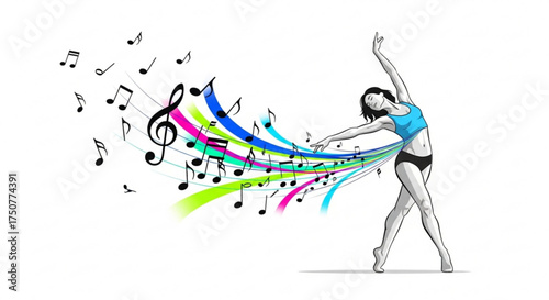 Dancing woman with music notes female dancer performing ballet or contemporary dance with colorful musical elements around her