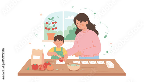 Mother and son plant tomato seeds together fostering growth and learning Education family gardening