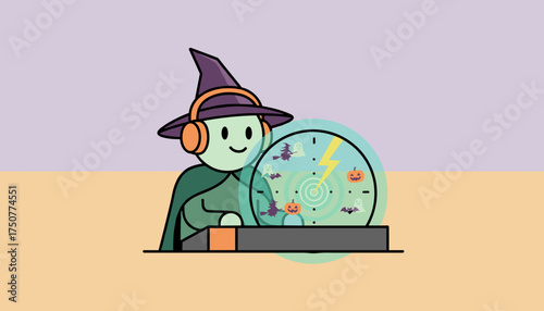 Cute witch with headphones gazing into a Halloween crystal ball forecasting festive fun