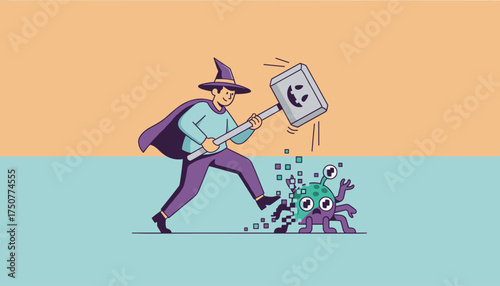 Cybersecurity hero smashes a digital virus symbolizing protection problemsolving and IT security
