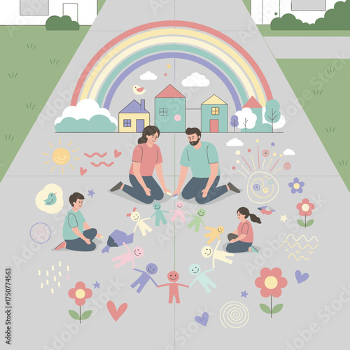 Family drawing colorful chalk art on sidewalk Happy parents and kids enjoying creative time outdoors