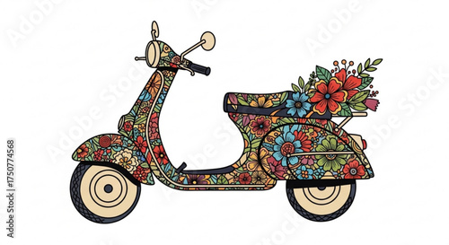 A vintage scooter adorned with colorful floral patterns, , showcasing a unique and artistic design with a touch of retro charm