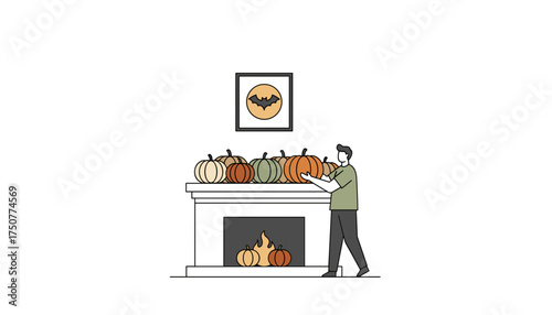 Man decorating fireplace mantel with colorful pumpkins for fall and Halloween season