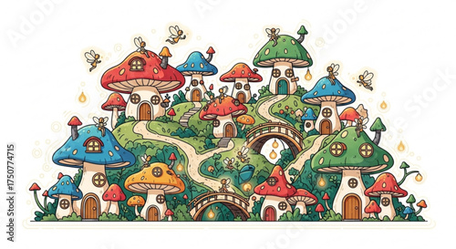 Whimsical mushroom village illustration, featuring colorful mushroom houses, winding paths, and playful butterflies creating a magical scene