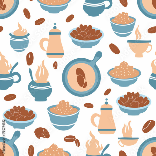 Seamless pattern featuring various coffee-related elements, including beans, cups, and pots, on a white background.