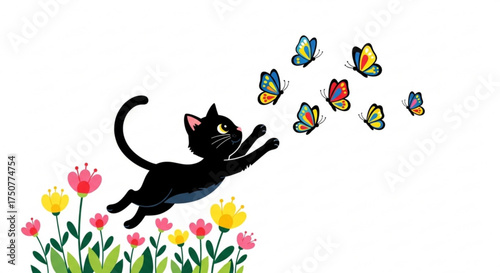 Playful black cat chasing butterflies illustration, featuring vibrant flowers and a whimsical scene of nature and feline fun