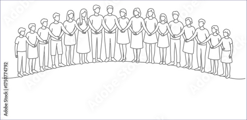 Outline drawing of a large group of people holding hands