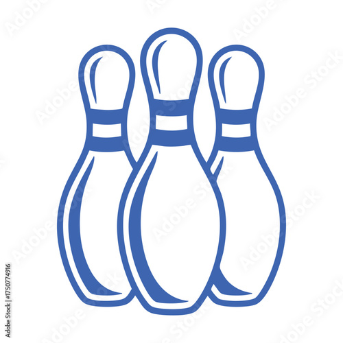 Three blue bowling pins with white stripes on white background sport game