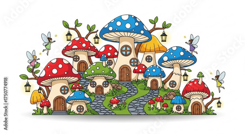 A whimsical mushroom village with fairy lights and tiny fairies, creating a magical and enchanting scene