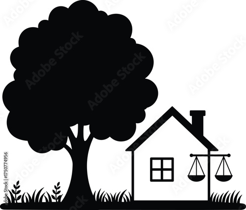 Silhouette of Tree, House, and Justice Scale – Nature Meets Law in Peaceful Village Scene with Grass and Symbolic Harmony