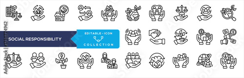 Social Impact Icon Collection. Containing community engagement, sustainable practice, environmental care, charity support, ethical business, diversity inclusion