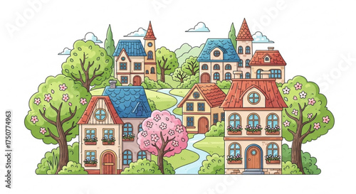 Charming village scene with quaint houses, lush trees, and winding paths, a delightful illustration, perfect for storybooks and designs