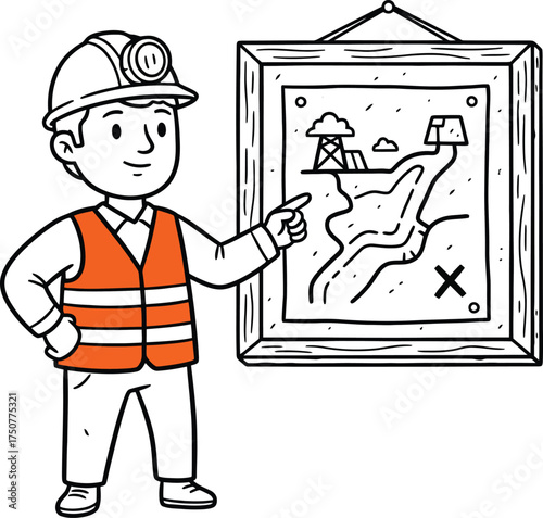 Cartoon Geologist Worker Planning on a Resource Map