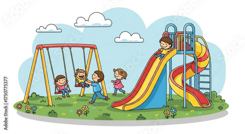 Playground fun illustration with kids playing on swings, slides, and running around ideal for childrens designs and park promotions