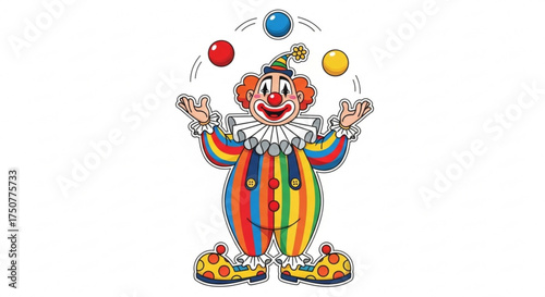 Whimsical clown illustration juggling colorful balls, radiating joy, laughter, and entertainment