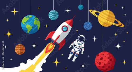 A whimsical journey through the cosmos with a rocket, astronaut, and planets hanging amidst a starry expanse, creating a sense of wonder and exploration