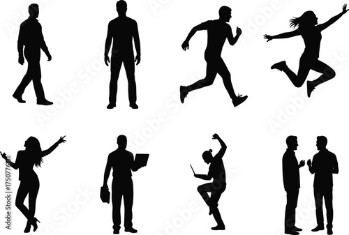 Silhouette people walking, running, jumping, dancing, working, celebrating, posing, and talking in various human activity and posture vector illustration set