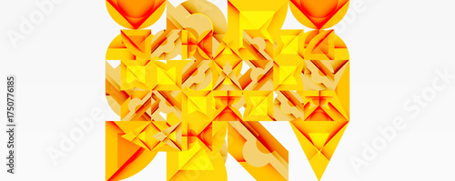 Abstract geometric composition. Orange, yellow shapes overlap creating complex texture. Minimalist design, modern aesthetic.