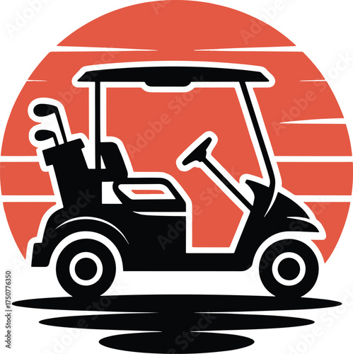 Black golf cart with clubs on orange striped background and wavy shadow vehicle transportation
